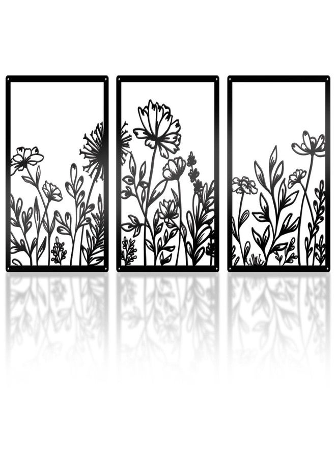 Bnesi 3 Pack Black Metal Wall Art Decor Minimalist Wall Decor for Bedroom Flower Line Sculpture Art Bedroom Wall Decor Flowers Decor Hanging Flower Bathroom Gift for Nature Lover (Abundant, Medium) - Image 1